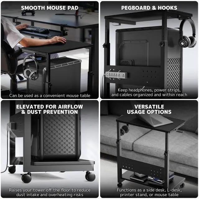 Alt view image 7 of 7 - Computer Tower Stand Cart - 2-Tier CPU Cart with 4 Casters, Rolling Holder with Pegboard & 2 Hooks, Height Adjustable from 19 1/8" to 31 11/16", for Office Home Gaming
