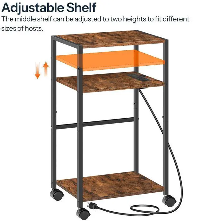 Alt view image 6 of 7 - Computer Tower Stand, 3-Tier PC Tower Stand, PC Stand with Charging Station, Mobile CPU Stand Fits Most PC, Adjustable Shelf, for PC Tower, Printer, Home Office, Rustic Brown BF12UCJ01