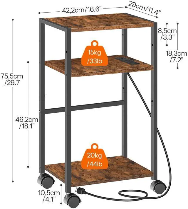 Alt view image 2 of 7 - Computer Tower Stand, 3-Tier PC Tower Stand, PC Stand with Charging Station, Mobile CPU Stand Fits Most PC, Adjustable Shelf, for PC Tower, Printer, Home Office, Rustic Brown BF12UCJ01