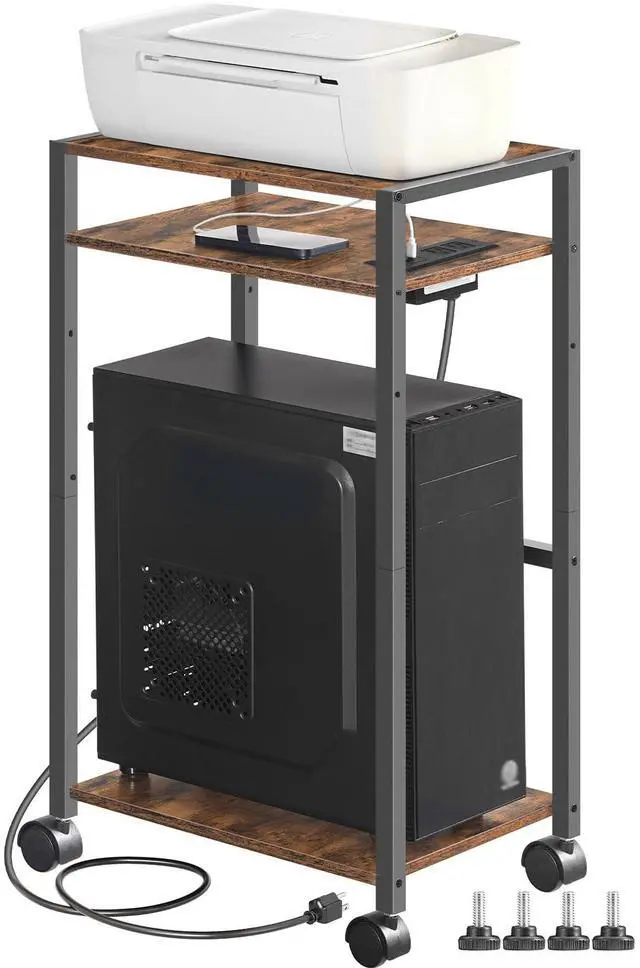 Main image of Computer Tower Stand, 3-Tier PC Tower Stand, PC Stand with Charging Station, Mobile CPU Stand Fits Most PC, Adjustable Shelf, for PC Tower, Printer, Home Office, Rustic Brown BF12UCJ01