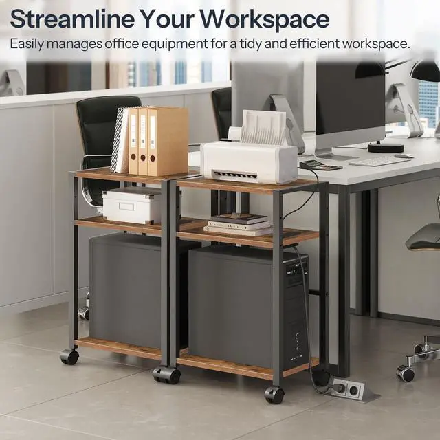 Alt view image 5 of 7 - Computer Tower Stand, 3-Tier PC Tower Stand, PC Stand with Charging Station, Mobile CPU Stand Fits Most PC, Adjustable Shelf, for PC Tower, Printer, Home Office, Rustic Brown BF12UCJ01