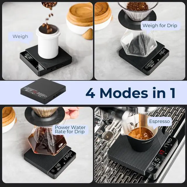 Alt view image 2 of 7 - Espresso Coffee Scale with Timer, 2kg/0.1g High Precision Digital Scale with Silicone Mat, 4 Modes in One, LED Display, Auto-Tare, for Kitchen, Cooking, Espresso, Pour Over Coffee