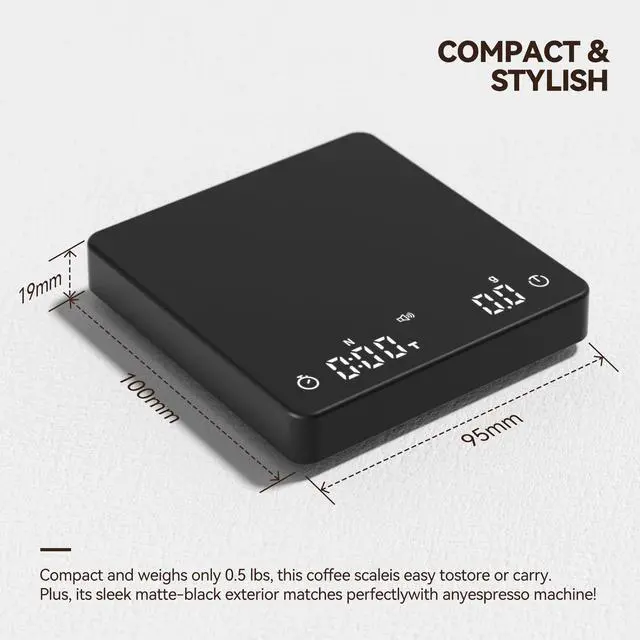 Alt view image 5 of 6 - Rechargeable Coffee Scale with Auto Timing,Mini Espresso Scale with Timer, 2kg/0.1g High Precision Scale for Coffee Beans, Black