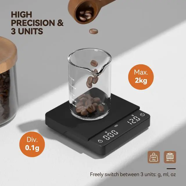 Alt view image 4 of 6 - Rechargeable Coffee Scale with Auto Timing,Mini Espresso Scale with Timer, 2kg/0.1g High Precision Scale for Coffee Beans, Black