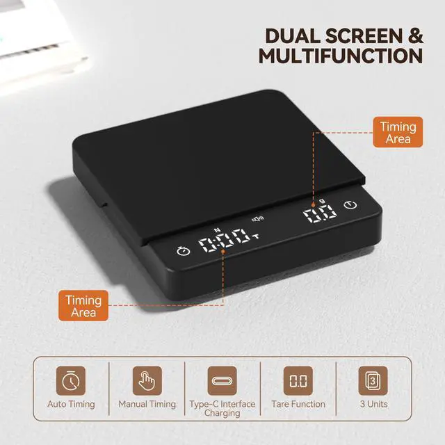 Alt view image 6 of 6 - Rechargeable Coffee Scale with Auto Timing,Mini Espresso Scale with Timer, 2kg/0.1g High Precision Scale for Coffee Beans, Black