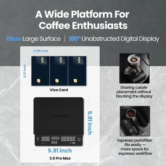 Alt view image 3 of 7 - Extra-Large Coffee Scale with Timer, 5.9 * 5.9in, Digital Pour-Over Scale with Flow Rate, 2kg/0.1g Espresso Scale, 3-Brew Mode, Rechargeable Coffee Bean Weight Scale,Black,ES5663