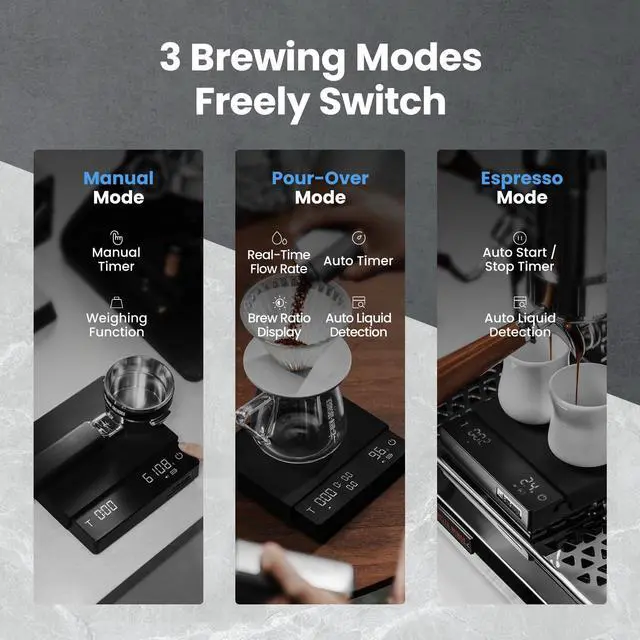 Alt view image 5 of 7 - Extra-Large Coffee Scale with Timer, 5.9 * 5.9in, Digital Pour-Over Scale with Flow Rate, 2kg/0.1g Espresso Scale, 3-Brew Mode, Rechargeable Coffee Bean Weight Scale,Black,ES5663