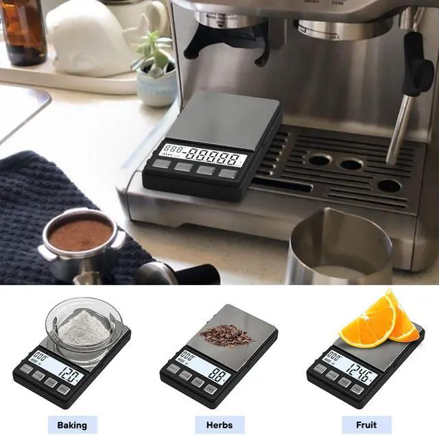 Alt view image 5 of 7 - Espresso Scale with Timer 1000g x 0.1g Small & Thin Travel Coffee Scale, Mini Digital Scale Grams and Ounces with Large Backlit LCD Stainless Steel Pocket Food Scale Drip Tray Pulling Scale