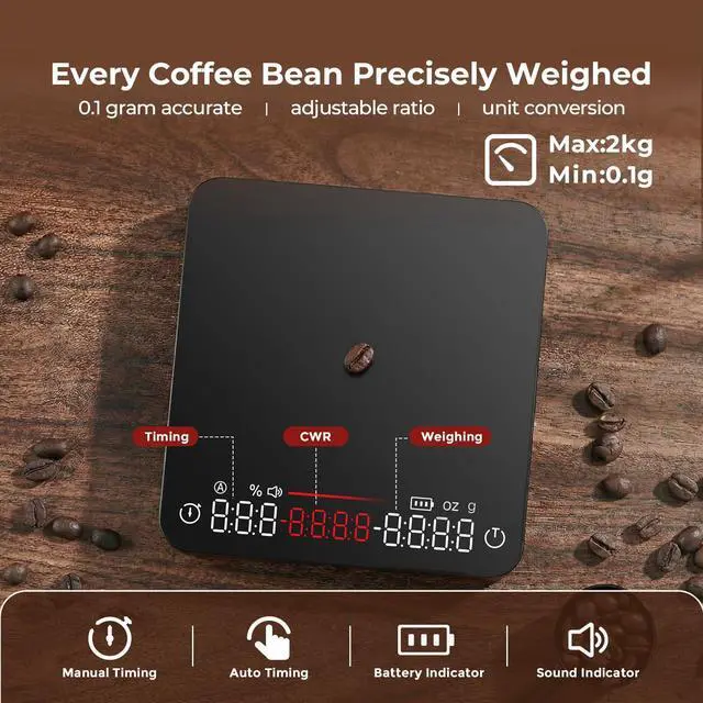 Alt view image 4 of 7 - Mini Coffee Scale with Timer - VABICA USB-C Rechargeable Espresso Scale 2kg/0.1g High Precision Scale for Espresso & Pour-Over Coffee, Auto Timing, Water Ratio, Portable Digital Coffee Scale (Black)