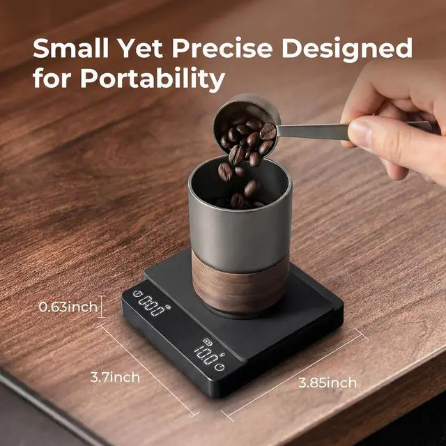 Alt view image 5 of 7 - Mini Coffee Scale with Timer - VABICA USB-C Rechargeable Espresso Scale 2kg/0.1g High Precision Scale for Espresso & Pour-Over Coffee, Auto Timing, Water Ratio, Portable Digital Coffee Scale (Black)