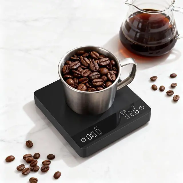 Alt view image 2 of 7 - Mini Coffee Scale with Timer,Rechargeable Espresso Scale with Auto Timing, Ratio Flow Rate Display,2kg/0.1g High Precision,for Espresso & Pour-Over Coffee,Portable Metal Digital Kitchen Scale,Black