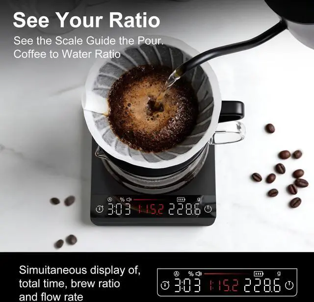 Alt view image 3 of 7 - Mini Coffee Scale with Timer,Rechargeable Espresso Scale with Auto Timing, Ratio Flow Rate Display,2kg/0.1g High Precision,for Espresso & Pour-Over Coffee,Portable Metal Digital Kitchen Scale,Black