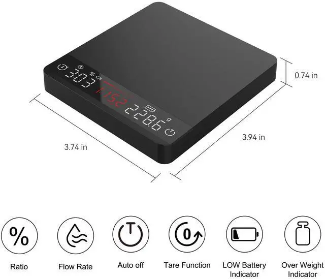 Alt view image 5 of 7 - Mini Coffee Scale with Timer,Rechargeable Espresso Scale with Auto Timing, Ratio Flow Rate Display,2kg/0.1g High Precision,for Espresso & Pour-Over Coffee,Portable Metal Digital Kitchen Scale,Black