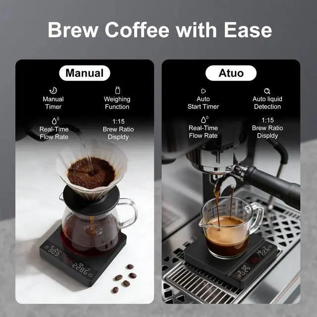 Alt view image 4 of 7 - Mini Coffee Scale with Timer,Rechargeable Espresso Scale with Auto Timing, Ratio Flow Rate Display,2kg/0.1g High Precision,for Espresso & Pour-Over Coffee,Portable Metal Digital Kitchen Scale,Black