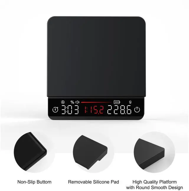 Alt view image 6 of 7 - Mini Coffee Scale with Timer,Rechargeable Espresso Scale with Auto Timing, Ratio Flow Rate Display,2kg/0.1g High Precision,for Espresso & Pour-Over Coffee,Portable Metal Digital Kitchen Scale,Black