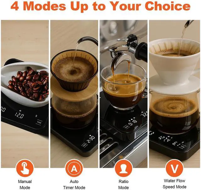 Alt view image 5 of 7 - Mini Coffee Scale with Timer, 2kg/0.1g High Precision Scale for Espresso & Pour-Over, Portable Digital Kitchen Scale, 4 Modes & 3 Units, USB Charging, Tempered Glass Platform, Black