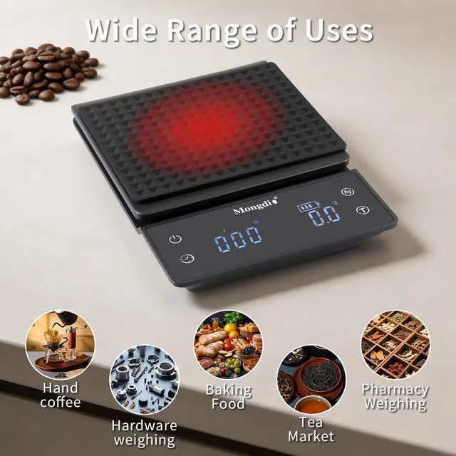 Alt view image 3 of 7 - Coffee Scale with Timer, 3kg/0.1g High Precision Kitchen Scales with Tare Function, Touch Sensor and LED Display, Digital Scale for Pour Over, Espresso