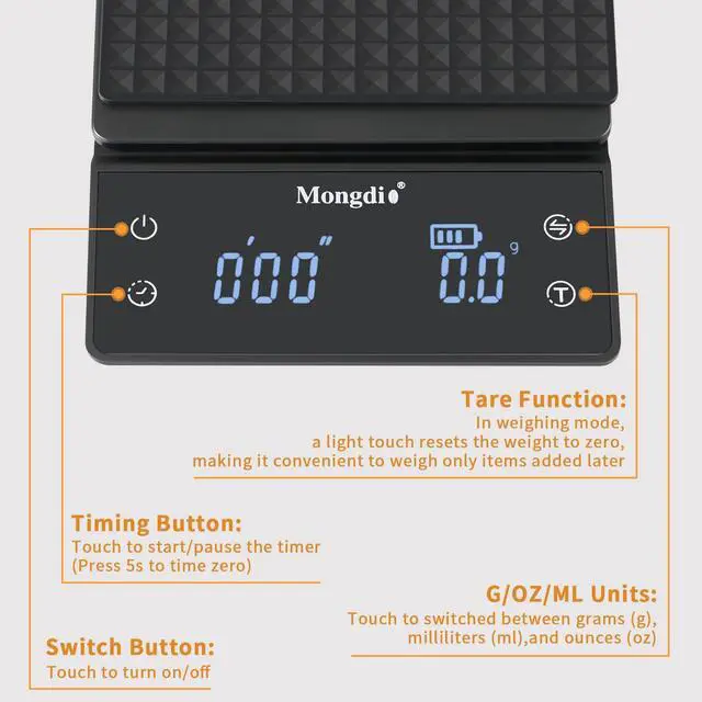 Alt view image 2 of 7 - Coffee Scale with Timer, 3kg/0.1g High Precision Kitchen Scales with Tare Function, Touch Sensor and LED Display, Digital Scale for Pour Over, Espresso