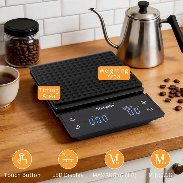 Alt view image 4 of 7 - Coffee Scale with Timer, 3kg/0.1g High Precision Kitchen Scales with Tare Function, Touch Sensor and LED Display, Digital Scale for Pour Over, Espresso