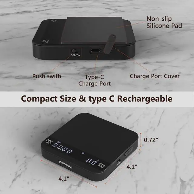 Alt view image 2 of 7 - Coffee Scale with Auto Timing, Mini Rechargeable Espresso Scale with Timer, 2kg/0.1g High Precision Scale for Espresso and Pour-Over Coffee with Brewing Assist Modes