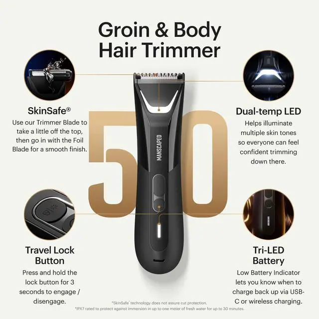 Alt view image 2 of 7 - The Lawn Mower® 5.0 Ultra Groin & Body Hair Trimmer Dual-Head SkinSafe® Trimmer & Foil Blades, Waterproof Wet/Dry Groomer, USB-C Rechargeable with Travel Case, Mens Ball Shaver, Black