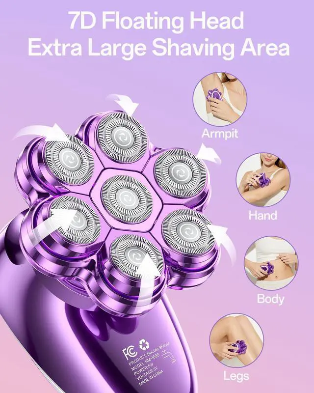 Alt view image 2 of 7 - 5-in-1 Electric Razors for Women, 7D Magnetic Heads Full Body Shaver, Waterproof Wet Dry Hair Remover with LED Display, Rechargeable Bikini Trimmer for Underarms, Face, Legs, Lips, Arms (Purple)