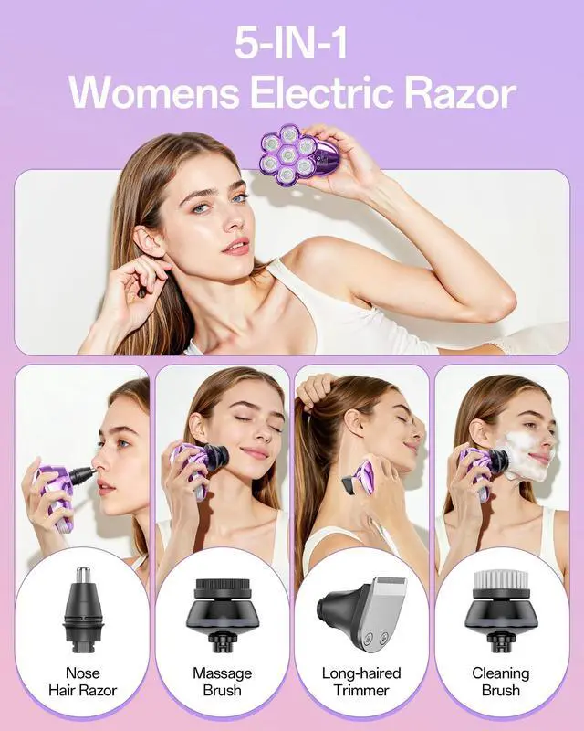 Alt view image 3 of 7 - 5-in-1 Electric Razors for Women, 7D Magnetic Heads Full Body Shaver, Waterproof Wet Dry Hair Remover with LED Display, Rechargeable Bikini Trimmer for Underarms, Face, Legs, Lips, Arms (Purple)