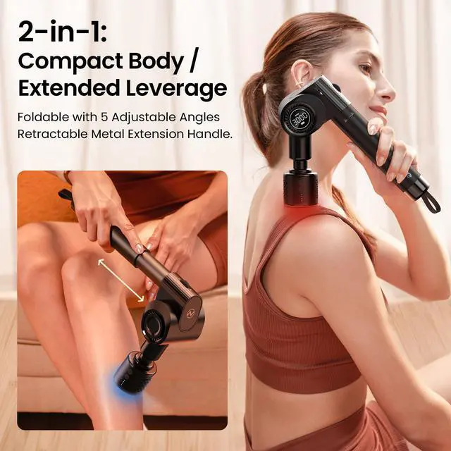 Alt view image 2 of 7 - Massage Gun with Heat and Cold Head,Deep Tissue Percussion Back Massager for Muscle/Neck/Body Pain Relief with Long Extension Retractable Handle,32-Speeds,Foldable with 5 Adjustable Angles