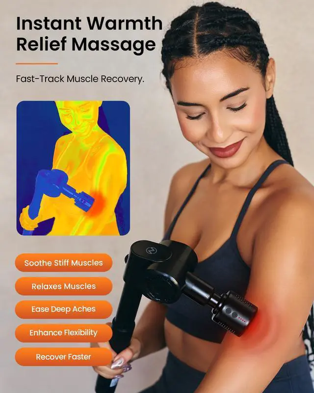 Alt view image 4 of 7 - Massage Gun with Heat and Cold Head,Deep Tissue Percussion Back Massager for Muscle/Neck/Body Pain Relief with Long Extension Retractable Handle,32-Speeds,Foldable with 5 Adjustable Angles