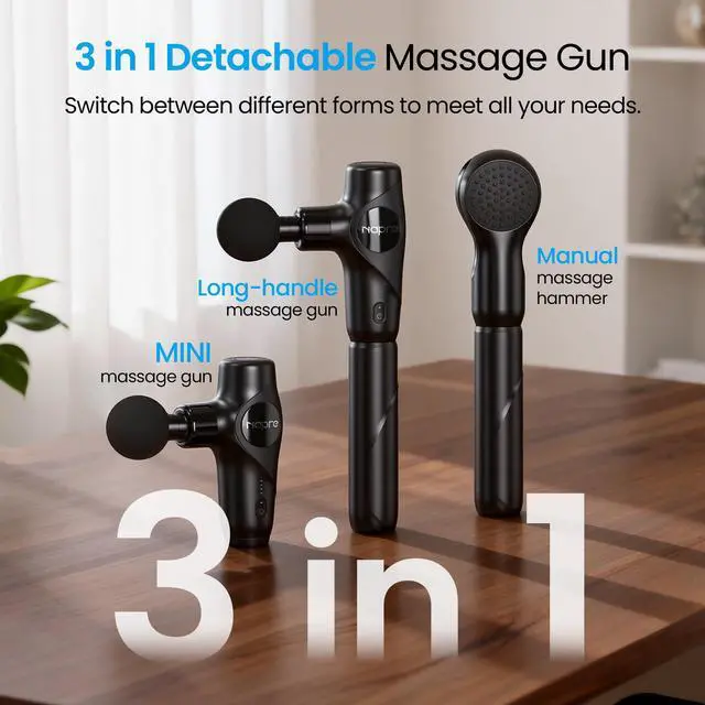 Alt view image 2 of 7 - 3-in-1 Detachable Massage Gun,Mini Massage Gun Deep Tissue with Extension Handle,Portable Handheld Percussion Muscle Massager for Back/Neck/Body,Small & Quiet,5 Heads,with Case