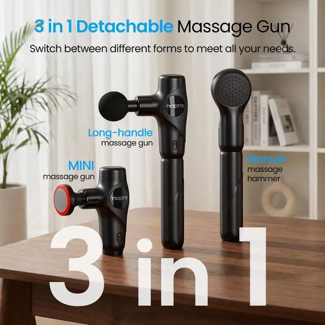 Alt view image 2 of 7 - 3-in-1 Detachable Massage Gun with Heat,Mini Massage Gun Deep Tissue with Extension Handle,Portable Handheld Percussion Muscle Massager for Back/Neck/Body,Small & Quiet,5 Heads