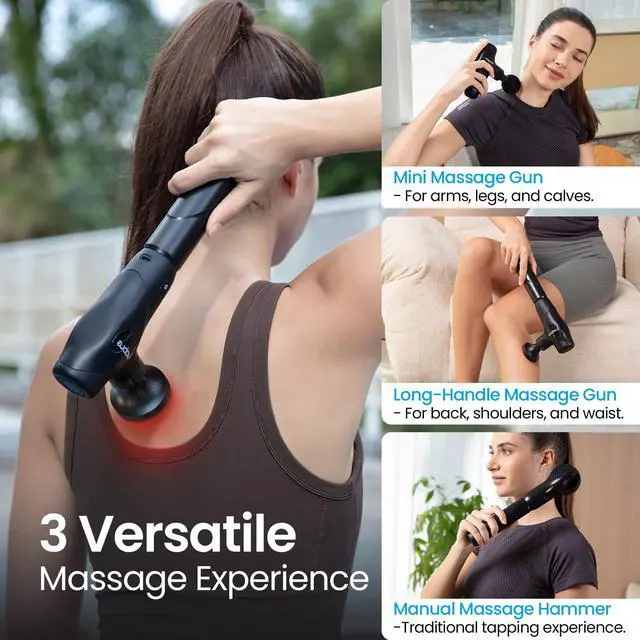 Alt view image 7 of 7 - 3-in-1 Detachable Massage Gun with Heat,Mini Massage Gun Deep Tissue with Extension Handle,Portable Handheld Percussion Muscle Massager for Back/Neck/Body,Small & Quiet,5 Heads