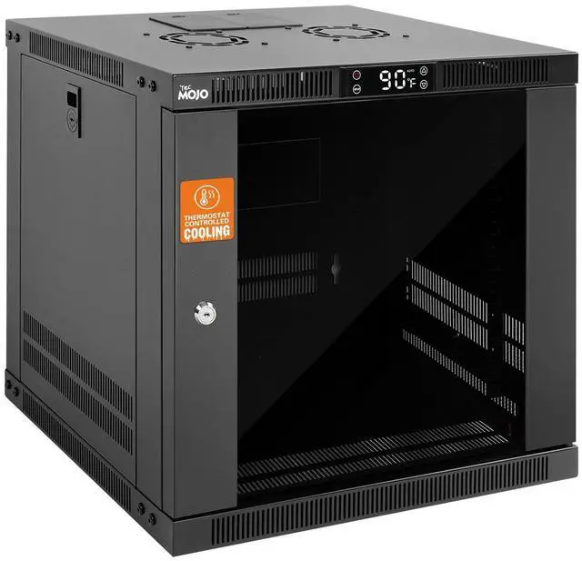 Main image of 9U Wall Mount Rack with Thermostat, 17.7inch Depth Enclosed Server Cabinet with 2 Cooling Fans,Lockable Door & Hardware,9U Rack for 19inch Equipments,Glass Door