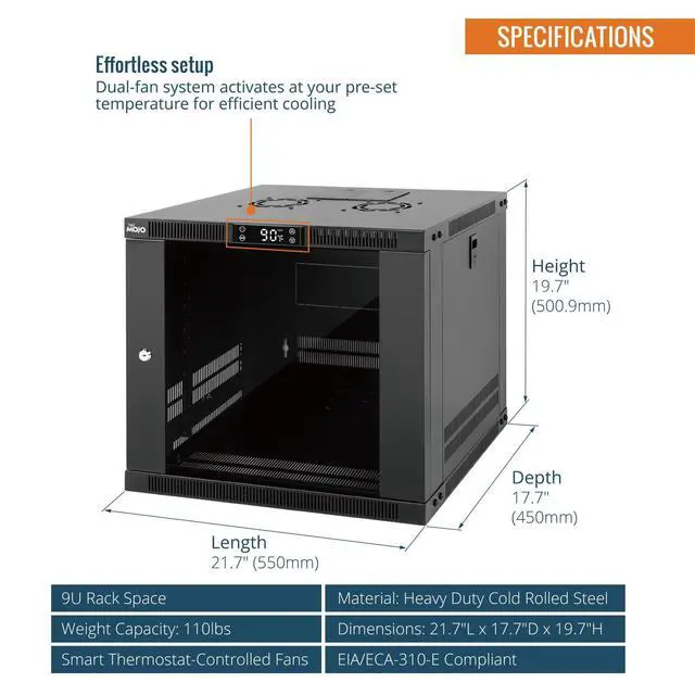 Alt view image 2 of 6 - 9U Wall Mount Rack with Thermostat, 17.7inch Depth Enclosed Server Cabinet with 2 Cooling Fans,Lockable Door & Hardware,9U Rack for 19inch Equipments,Glass Door