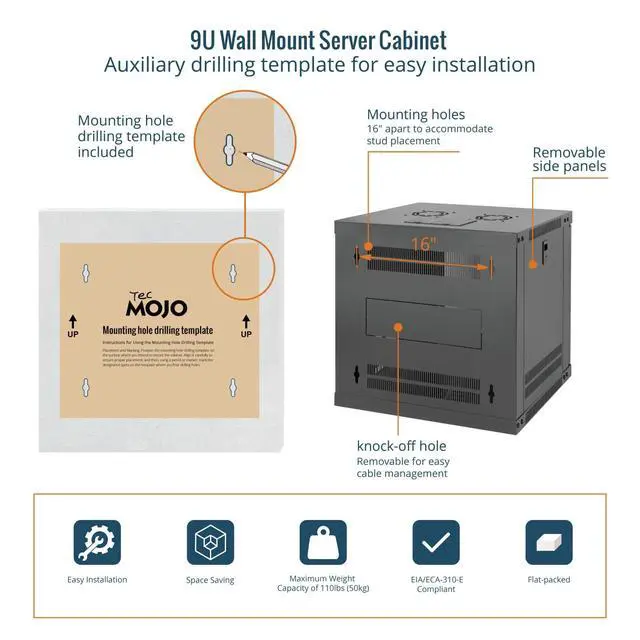 Alt view image 5 of 6 - 9U Wall Mount Rack with Thermostat, 17.7inch Depth Enclosed Server Cabinet with 2 Cooling Fans,Lockable Door & Hardware,9U Rack for 19inch Equipments,Glass Door