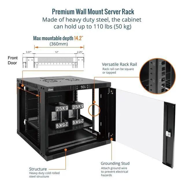 Alt view image 4 of 6 - 9U Wall Mount Rack with Thermostat, 17.7inch Depth Enclosed Server Cabinet with 2 Cooling Fans,Lockable Door & Hardware,9U Rack for 19inch Equipments,Glass Door