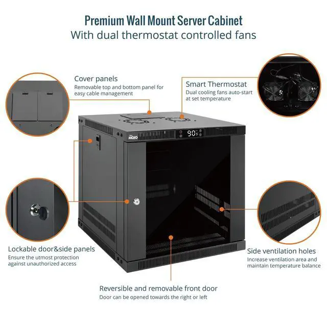 Alt view image 3 of 6 - 9U Wall Mount Rack with Thermostat, 17.7inch Depth Enclosed Server Cabinet with 2 Cooling Fans,Lockable Door & Hardware,9U Rack for 19inch Equipments,Glass Door