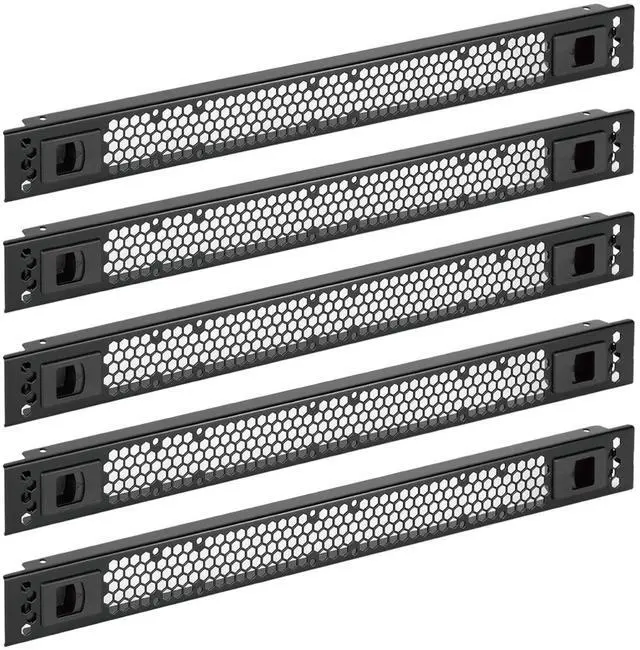 Main image of 5 Pack 1U Rack Perforated Blank Panel, Cold Rolled Steel Rack Panel, Rack Mount Plate for 19 in Server Rack Enclosure or Network Cabinet, Snap-in Type Mounting, Black