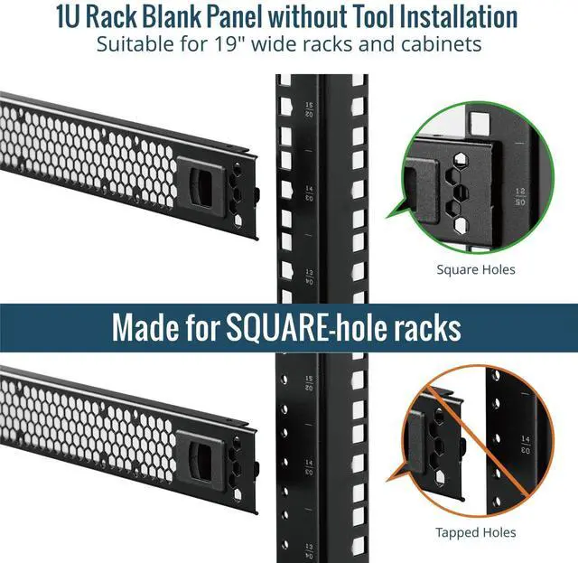 Alt view image 3 of 6 - 5 Pack 1U Rack Perforated Blank Panel, Cold Rolled Steel Rack Panel, Rack Mount Plate for 19 in Server Rack Enclosure or Network Cabinet, Snap-in Type Mounting, Black