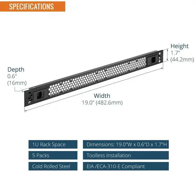 Alt view image 2 of 6 - 5 Pack 1U Rack Perforated Blank Panel, Cold Rolled Steel Rack Panel, Rack Mount Plate for 19 in Server Rack Enclosure or Network Cabinet, Snap-in Type Mounting, Black