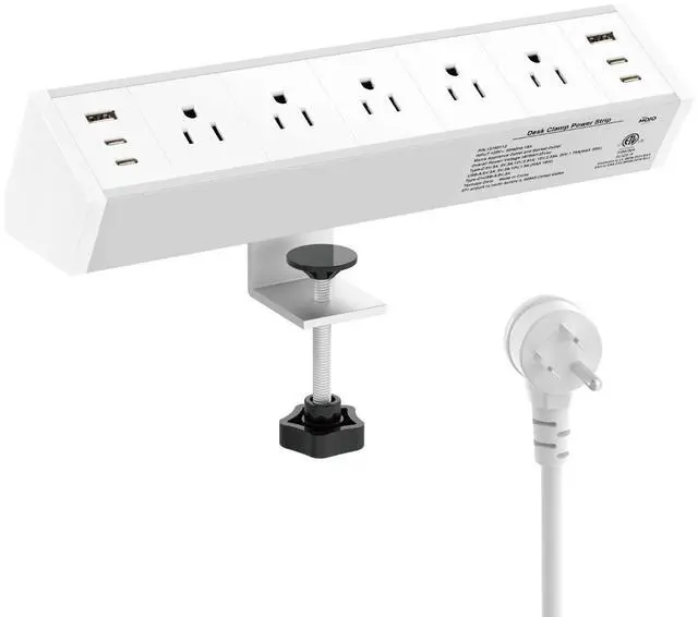 Main image of Desk Clamp Power Strip 5 Outlet with 2 USB A and 4 USB C Ports, 6 ft Cord, Desk Outlet Station Fit 1.6" Tabletop Edge, Over Loading Protection, ETL Listed, White