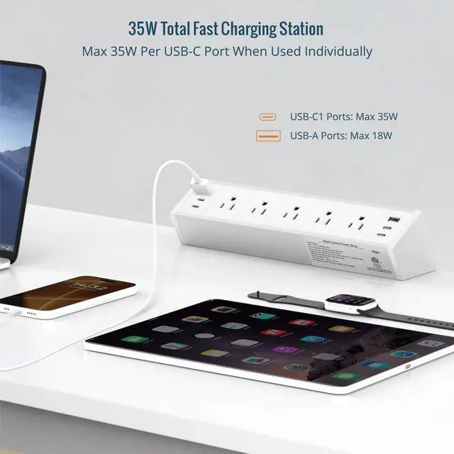 Alt view image 3 of 6 - Desk Clamp Power Strip 5 Outlet with 2 USB A and 4 USB C Ports, 6 ft Cord, Desk Outlet Station Fit 1.6" Tabletop Edge, Over Loading Protection, ETL Listed, White