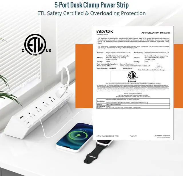 Alt view image 4 of 6 - Desk Clamp Power Strip 5 Outlet with 2 USB A and 4 USB C Ports, 6 ft Cord, Desk Outlet Station Fit 1.6" Tabletop Edge, Over Loading Protection, ETL Listed, White