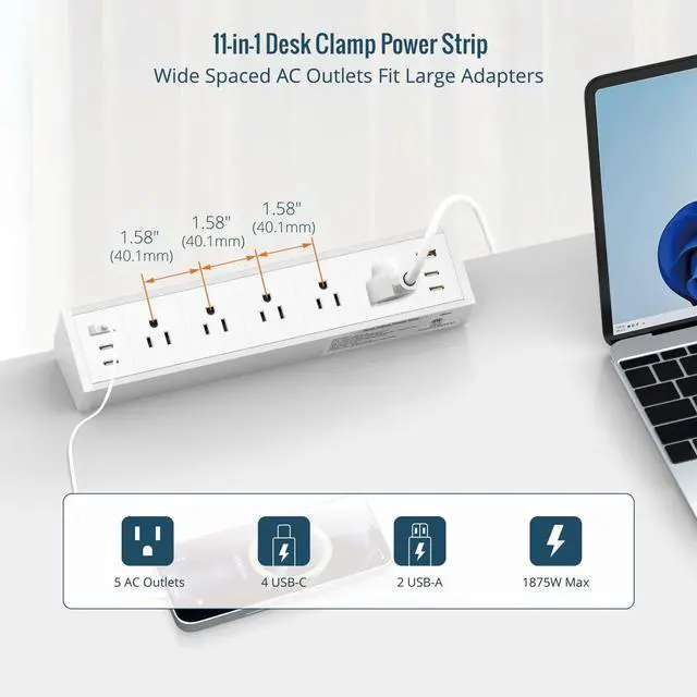 Alt view image 5 of 6 - Desk Clamp Power Strip 5 Outlet with 2 USB A and 4 USB C Ports, 6 ft Cord, Desk Outlet Station Fit 1.6" Tabletop Edge, Over Loading Protection, ETL Listed, White