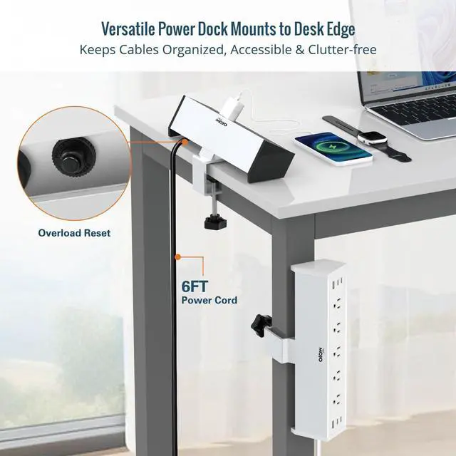 Alt view image 6 of 6 - Desk Clamp Power Strip 5 Outlet with 2 USB A and 4 USB C Ports, 6 ft Cord, Desk Outlet Station Fit 1.6" Tabletop Edge, Over Loading Protection, ETL Listed, White