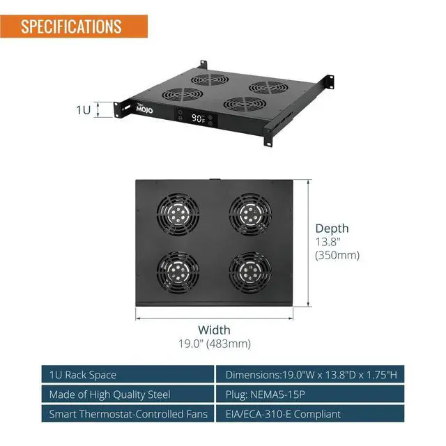 Alt view image 2 of 6 - 1U Rack Mount Cooling Fans, 4 Fans Cooling System with Thermostat,Digital Heat Monitor Display & Overheat Alarm Sensor, Adjustable Temperature Control and Depth