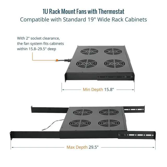 Alt view image 3 of 6 - 1U Rack Mount Cooling Fans, 4 Fans Cooling System with Thermostat,Digital Heat Monitor Display & Overheat Alarm Sensor, Adjustable Temperature Control and Depth