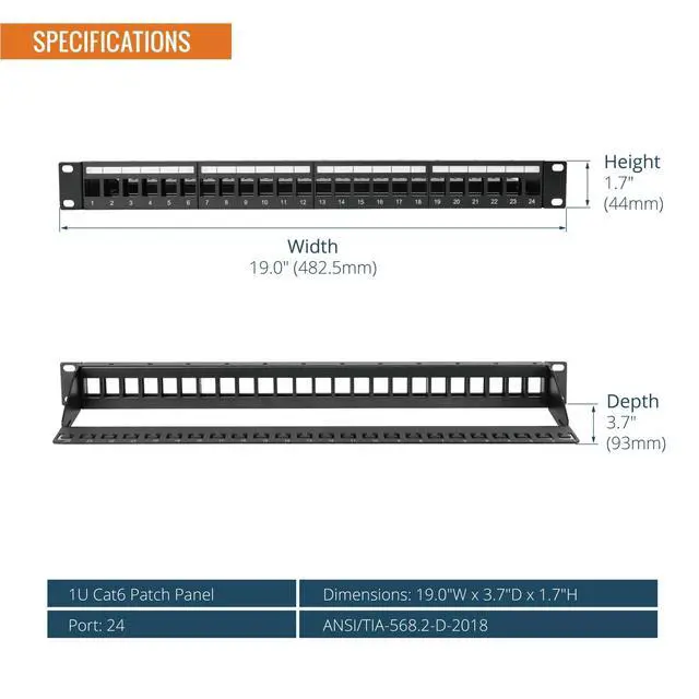 Alt view image 2 of 5 - UL Listed 1U 24-Port Blank Keystone Patch Panel, Unshielded UTP, 19-Inch Rackmount with Grounding Cable, Rear Cable Management Bar