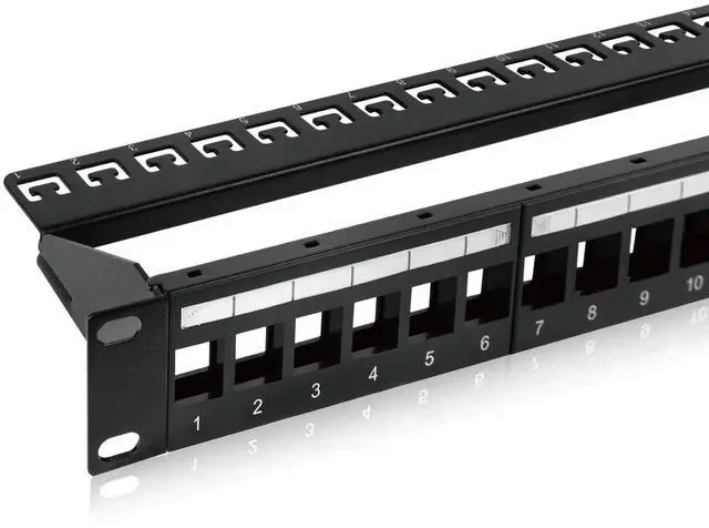 Main image of UL Listed 1U 24-Port Blank Keystone Patch Panel, Unshielded UTP, 19-Inch Rackmount with Grounding Cable, Rear Cable Management Bar