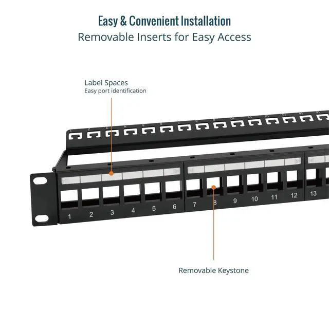 Alt view image 3 of 5 - UL Listed 1U 24-Port Blank Keystone Patch Panel, Unshielded UTP, 19-Inch Rackmount with Grounding Cable, Rear Cable Management Bar